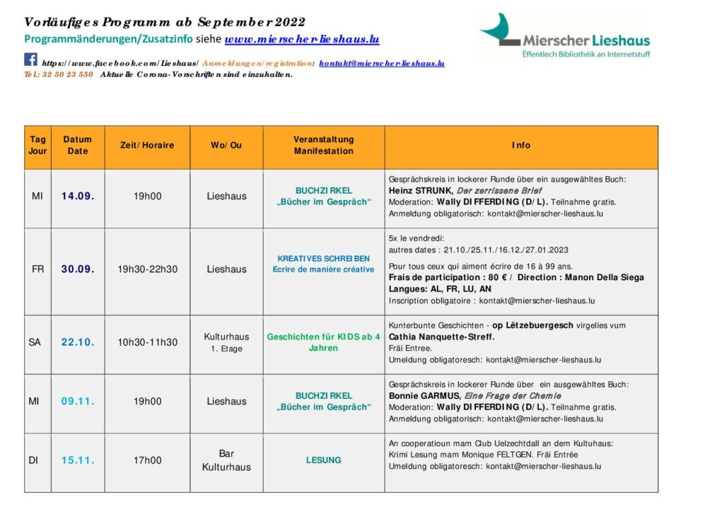Mierscher Lieshaus - Programm September 2022