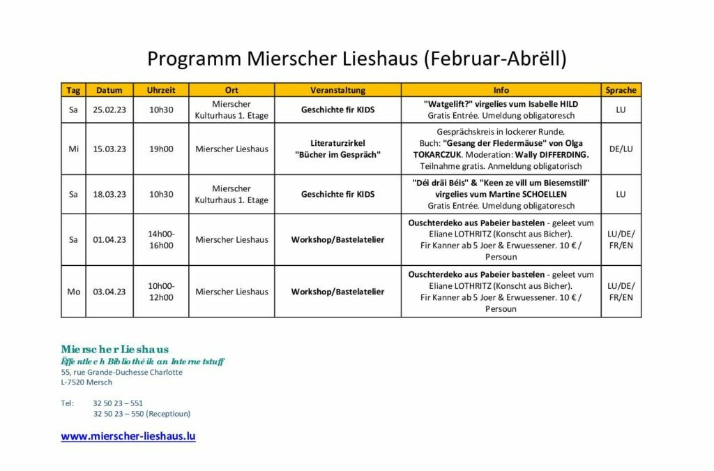 Mierscher Lieshaus – Programm Februar-Abrëll 2023