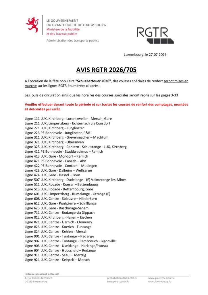 RGTR - Horaire des courses spéciales à l’occasion de la Schueberfouer 2026