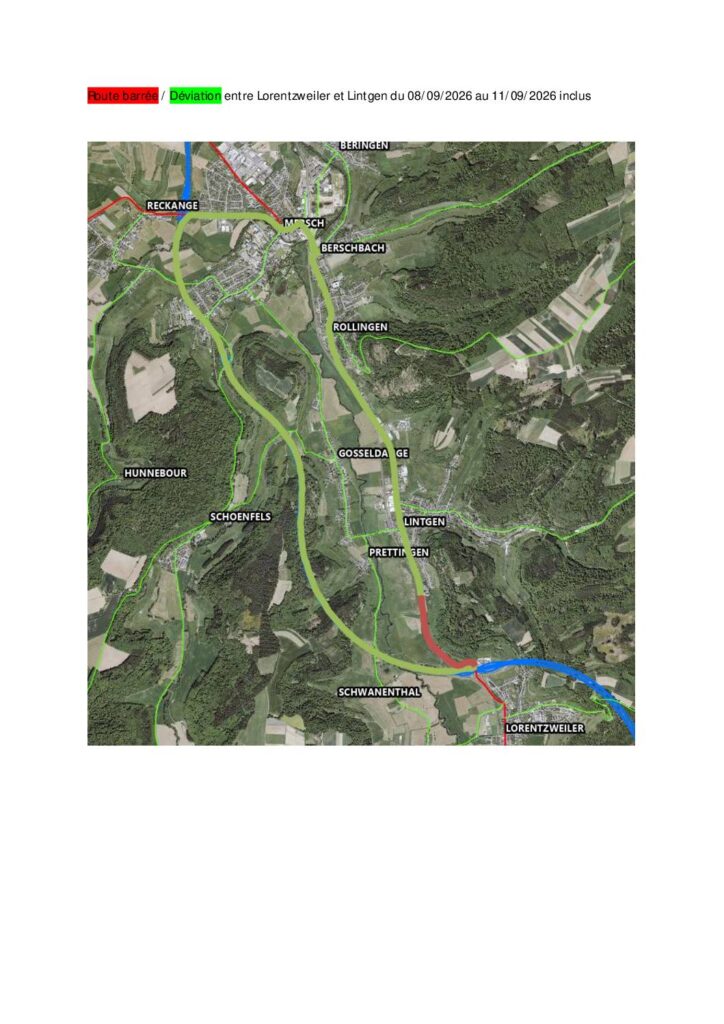 Route barrée C2,a entre Lorentzweiler et Lintgen du 8/9/ au 11/9/2026 inclus
