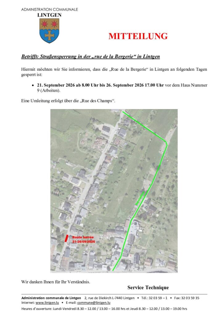 Route barrée - 9, rue de la Bergerie à Lintgen - 21/9/-26/9/2026 8h00-17h00