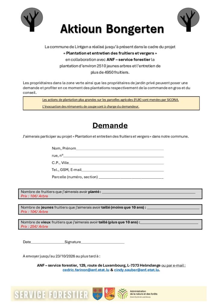 Aktioun Bongerten: Demande-Plantation et entretien des fruitiers et vergers / Antrag-Neupflanzung und Erhaltung von Obstbäumen und Bongerten