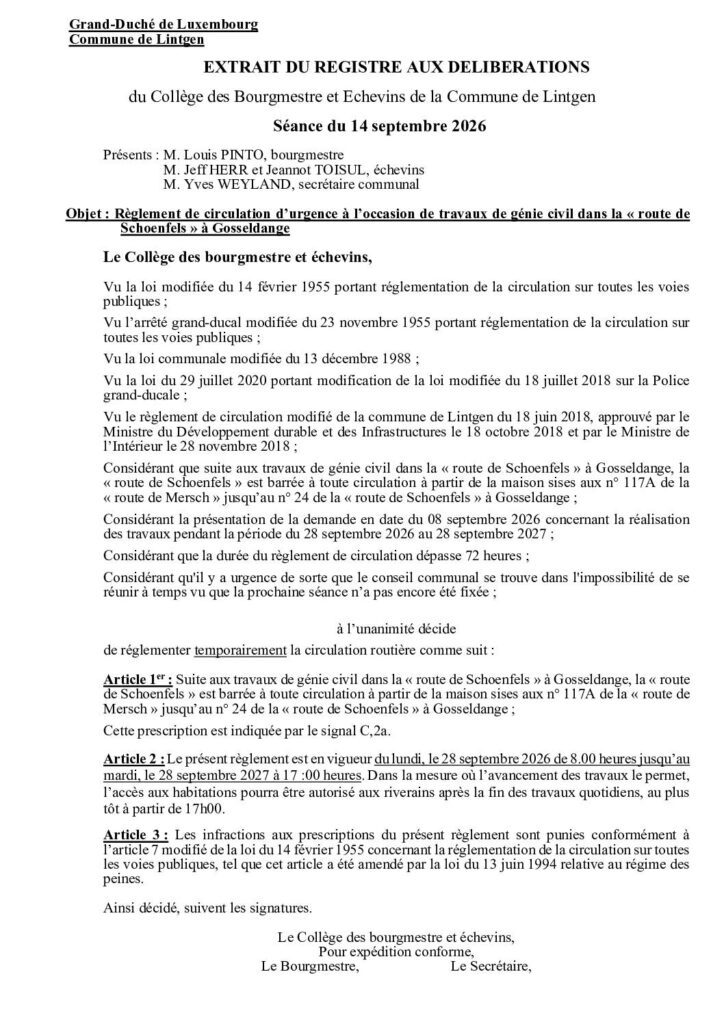 Route barrée - rte de Schoenfels à Gosseldange - 28/09/2026-28/09/2027