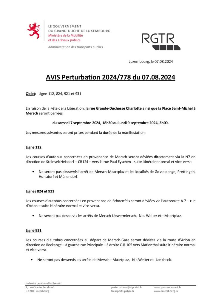 RGTR - Perturbations en raison de la Fête de la Libération à Mersch 7/9/-9/9/2024