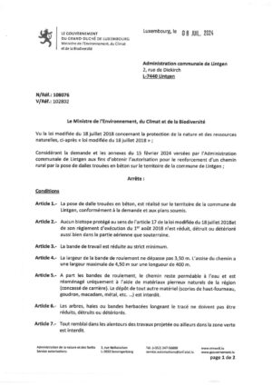 Autorisation - Adm. comm. de Lintgen - Renforcement d'un chemin rural