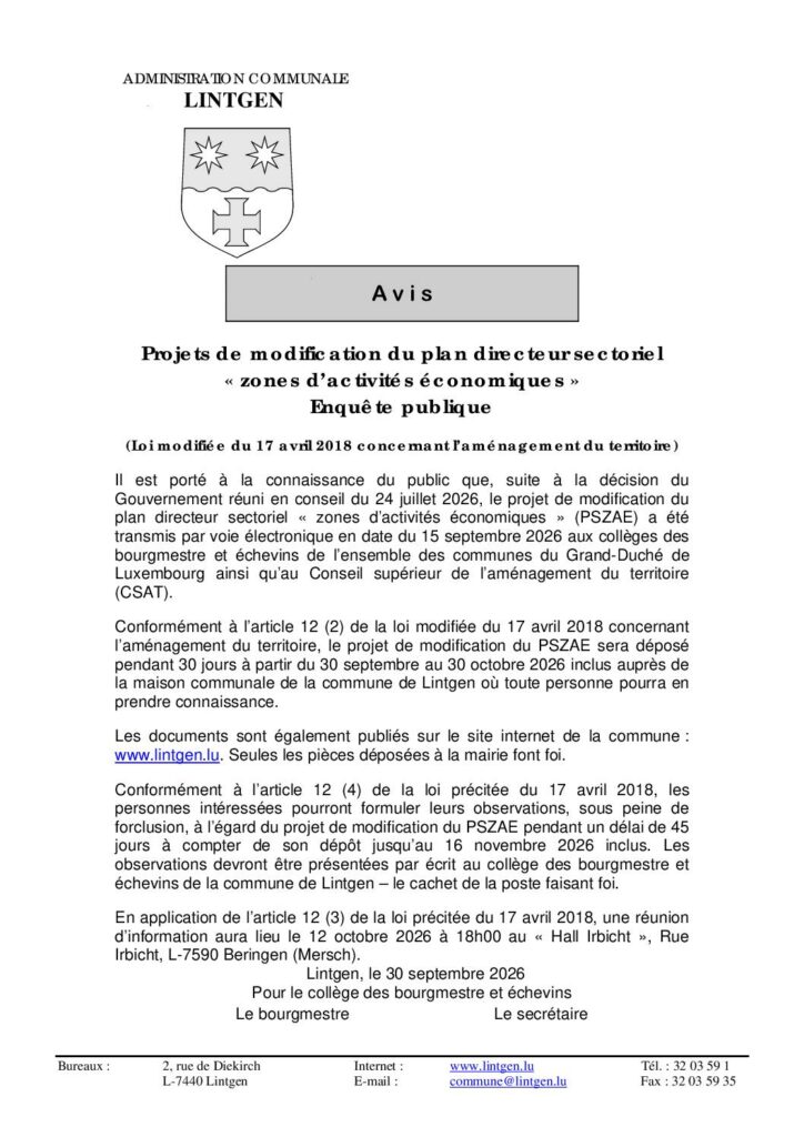 Modification du plan directeur sectoriel « zones d’activités économiques » - Procédure de consultation publique