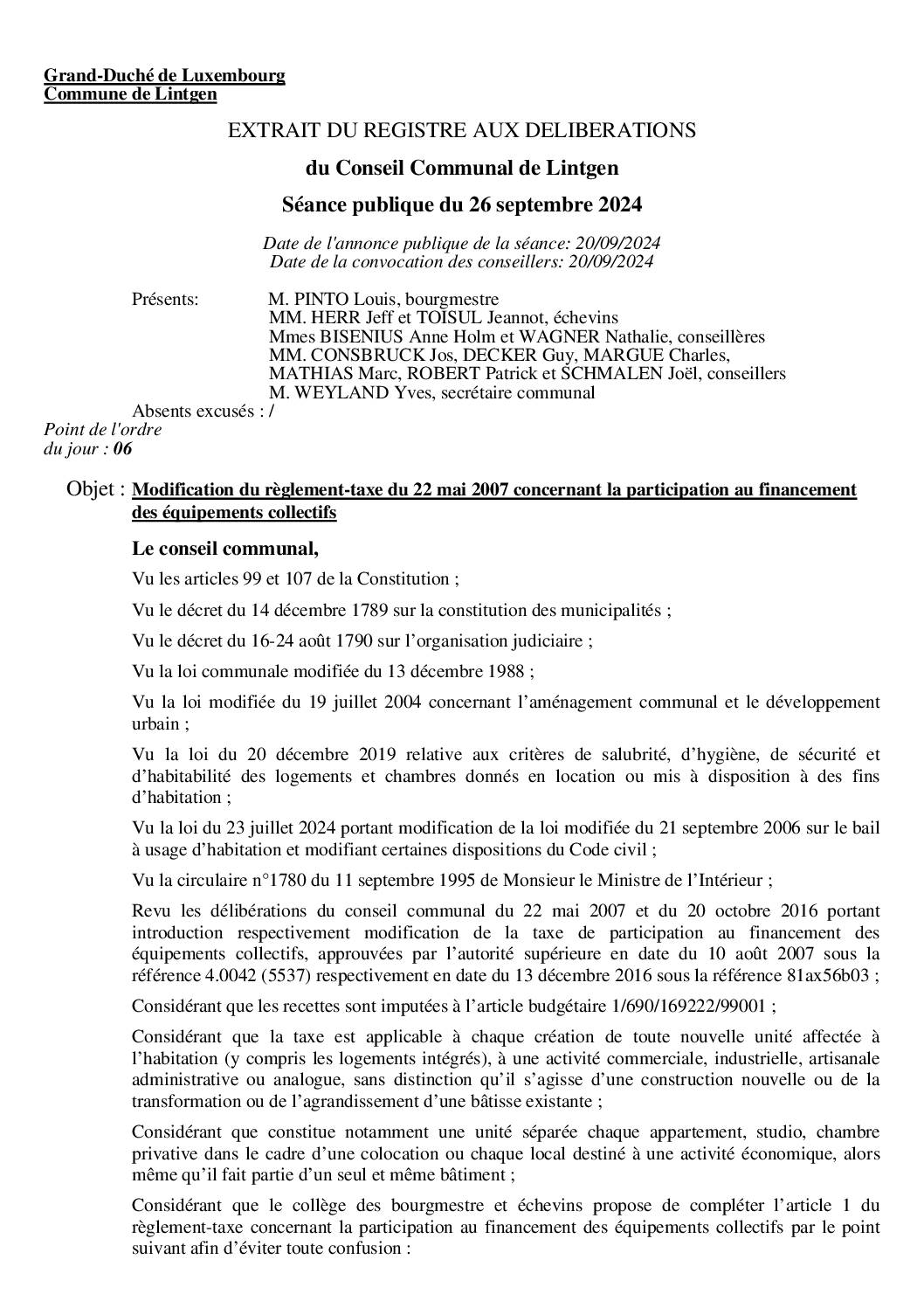 Règlement-taxe concernant la participation au financement des équipements collectifs