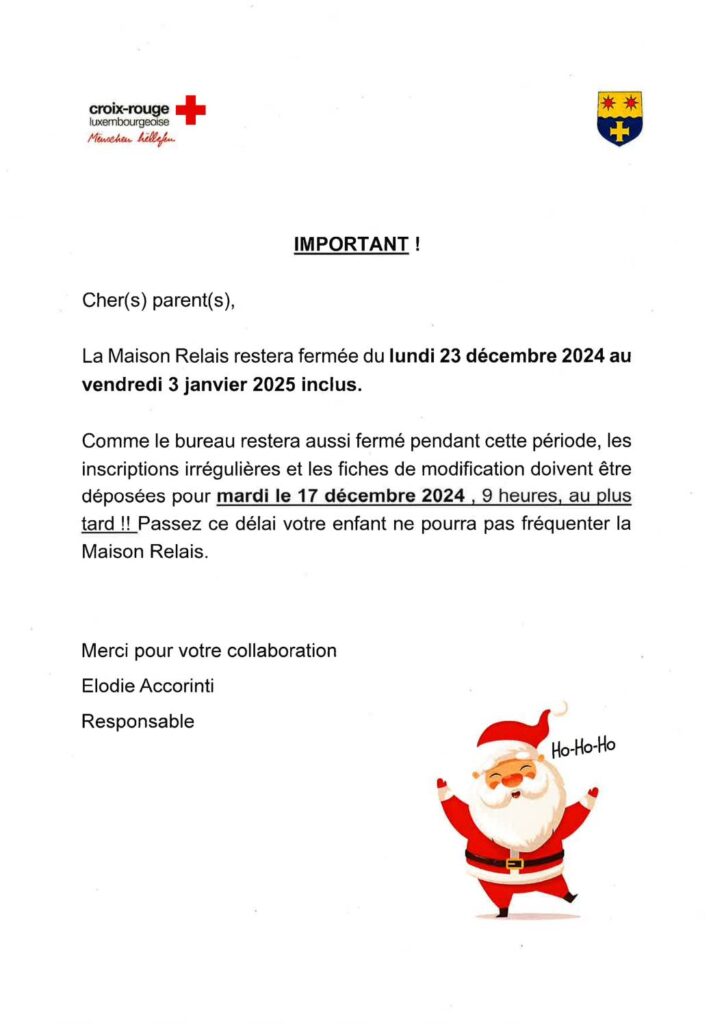 Maison relais fermée - Vacances de Noël - 23/12/2024-03/01/2025