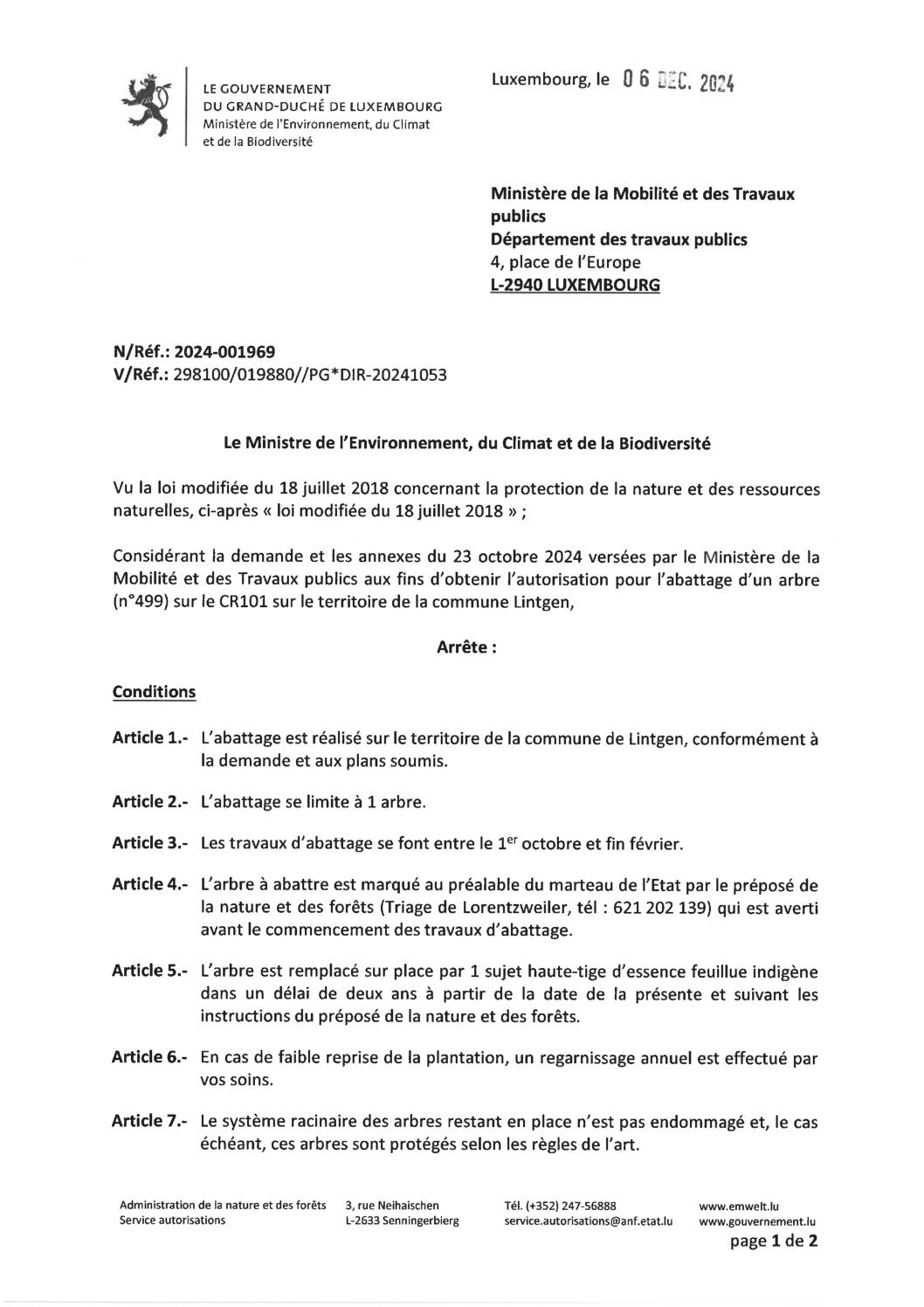 Autorisation – Abattage d’un arbre sur le CR101