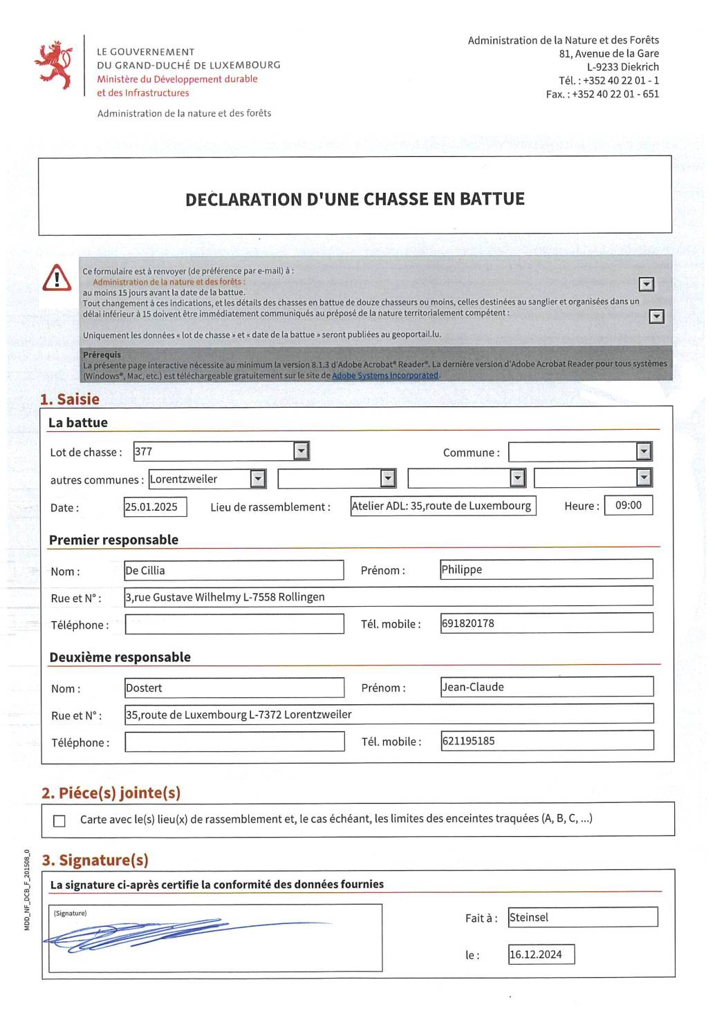 Déclaration Chasse en battue – Lot 377