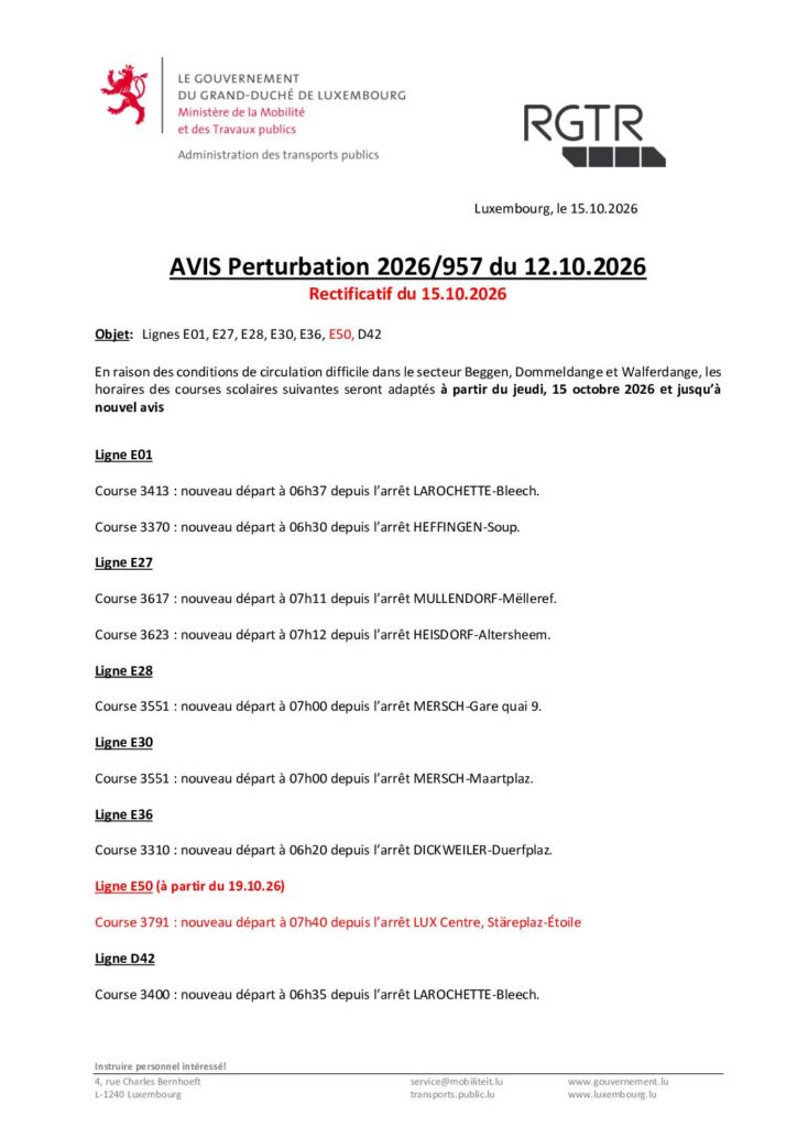 RGTR - Adaptation des horaires des courses scolaires - Lignes E01, E27, E28, E30, E36, E50, D42 à partir du 15/10/2026