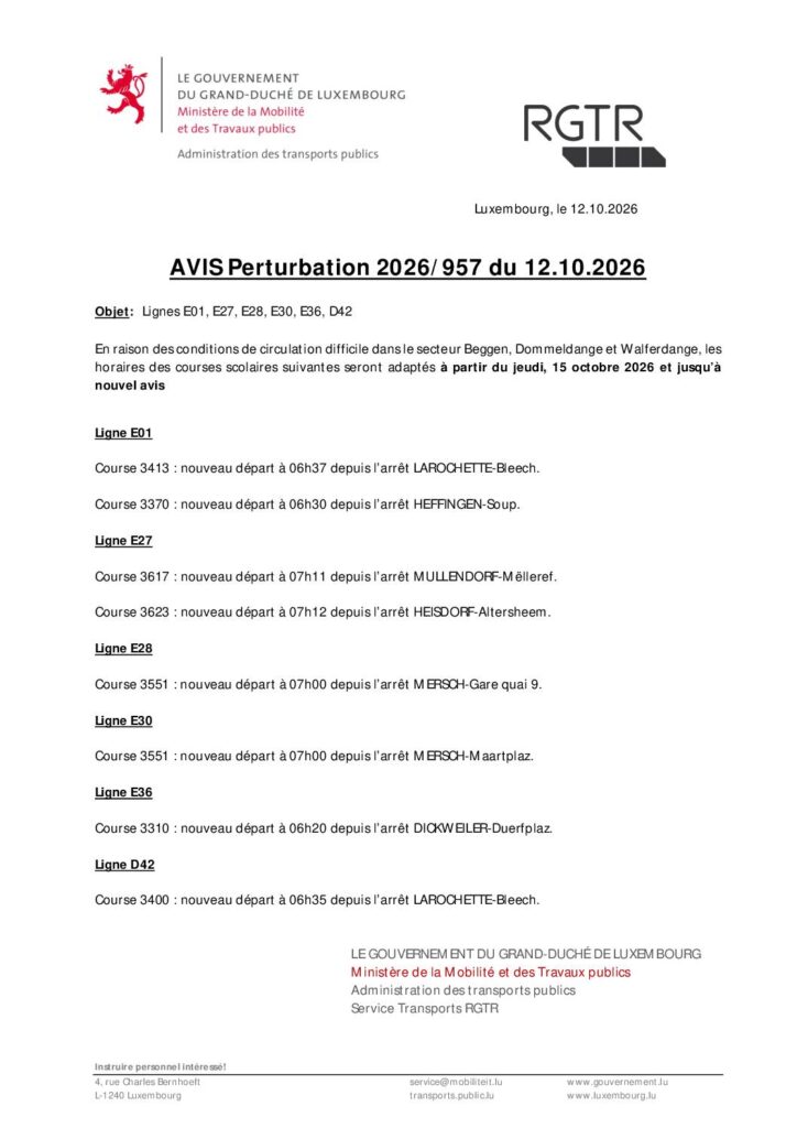 RGTR - Adaptation des horaires des courses scolaires - Lignes E01, E27, E28, E30, E36, D42 à partir du 15/10/2026