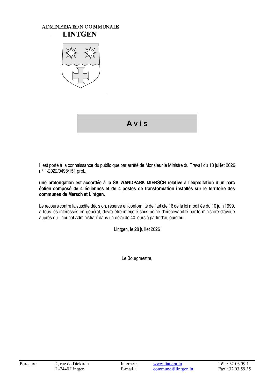 COMMODO – Prolongation – Exploitation d&rsquo;un parc éolien – SA WANDPARK MIERSCH
