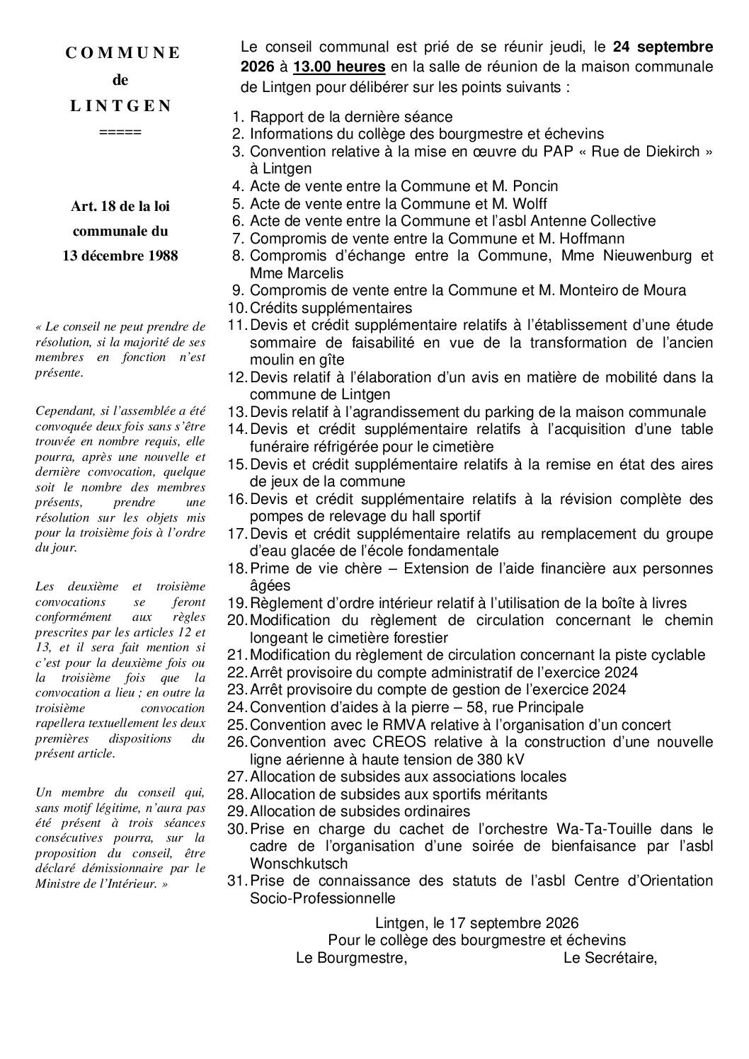 Séance du Conseil communal – 24/09/2026 à 13h00