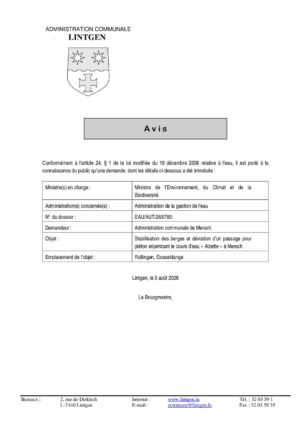 EAU - Stabilisation des berges et déviation d'un passage pour piéton - Adm. comm. de Mersch