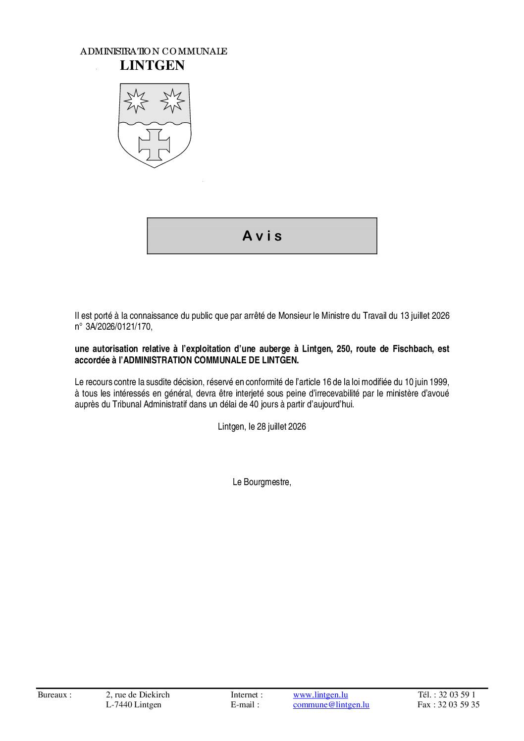 COMMODO – Exploitation d&rsquo;une auberge – Adm. comm. de Lintgen