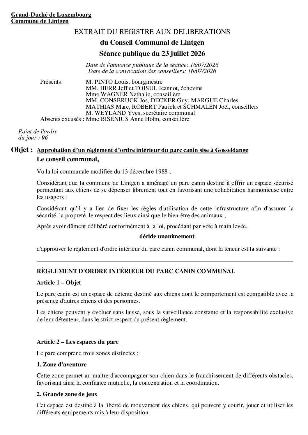 Règlement d'ordre intérieur du parc canin sise à Gosseldange