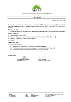 Avis au public - Comité du SIDEC - 14/09/2026 à 18h00