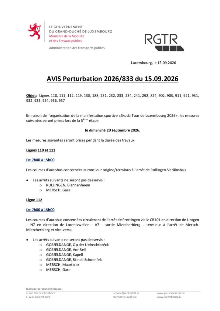 RGTR - Avis Perturbation - 20/09/2026 «Skoda Tour de Luxembourg 2026»