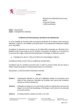 Autorisation - Abattage d’un arbre sur le CR123 entre Gosseldange et Mersch