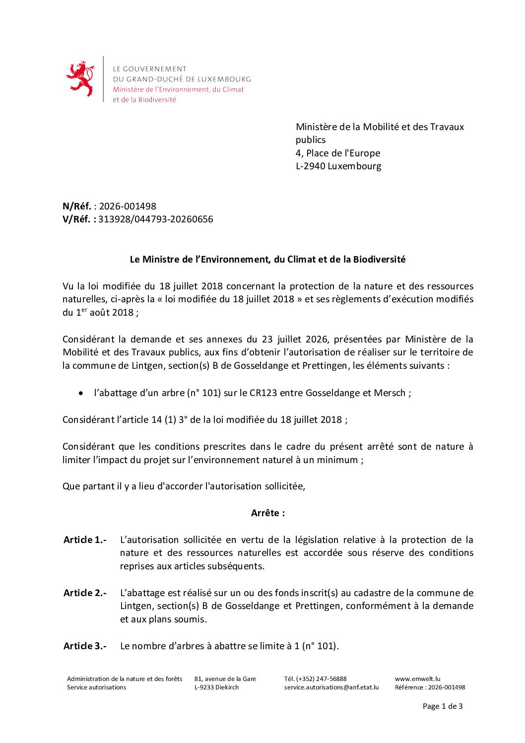 Autorisation – Abattage d’un arbre sur le CR123 entre Gosseldange et Mersch