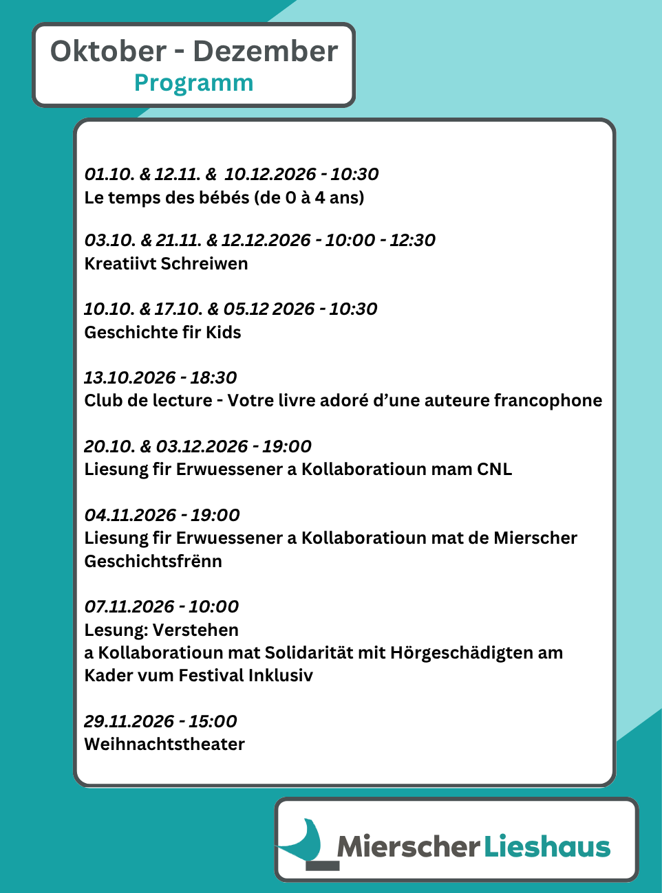 Mierscher Lieshaus - Programme Novembre-Décembre 2026