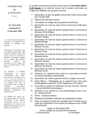 Séance du Conseil communal - 29/10/2026 à 14h00