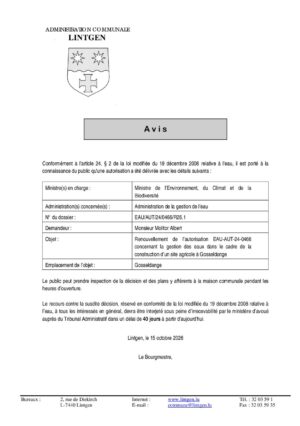 EAU - Renouvellement de l'autorisation concernant la construction d'un site agricole - Molitor Albert