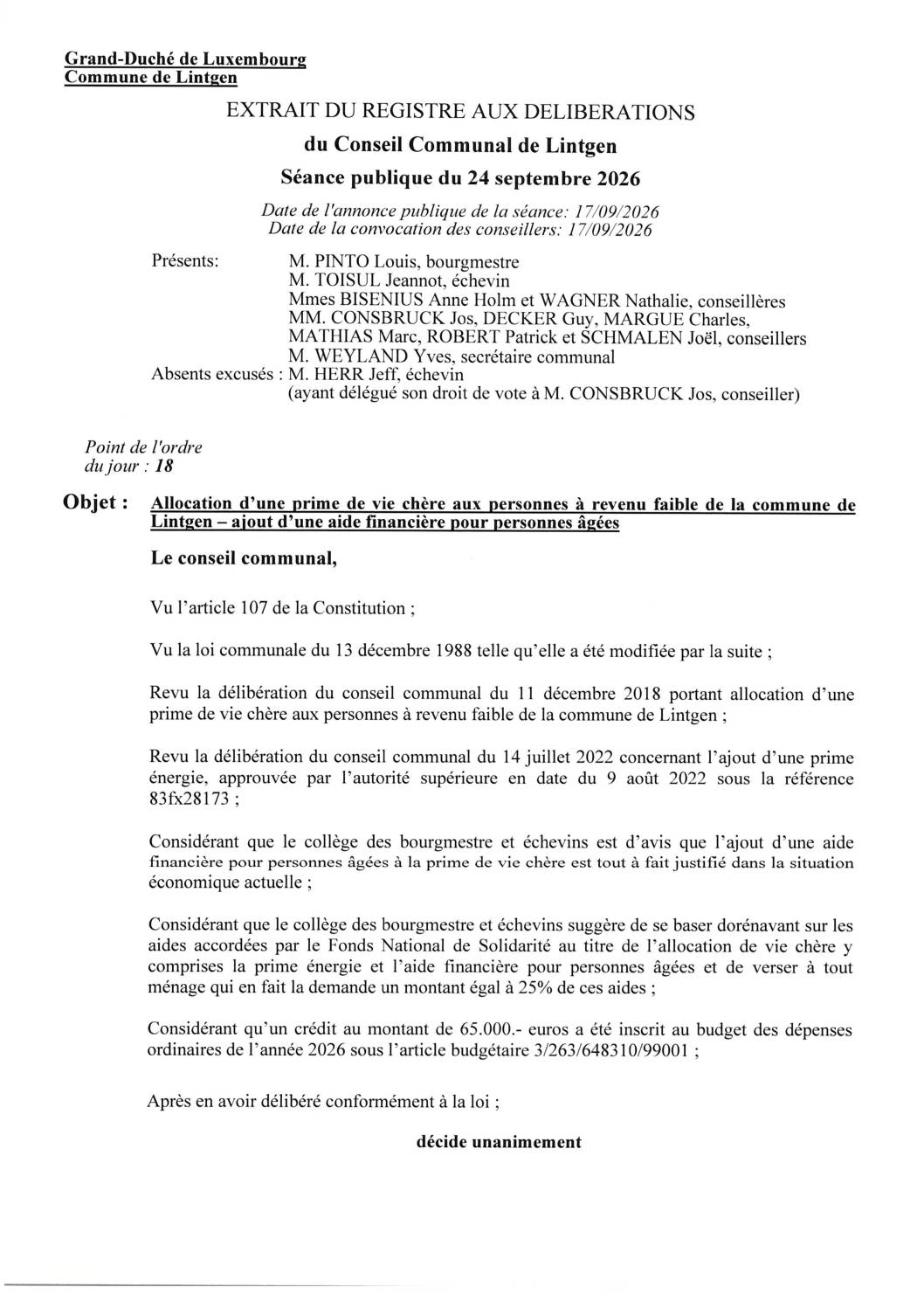 Allocation d'une prime de vie chre aux personnes à revenu faible de la commune de Lintgen - ajout d'une aide financière pour personnes âgées