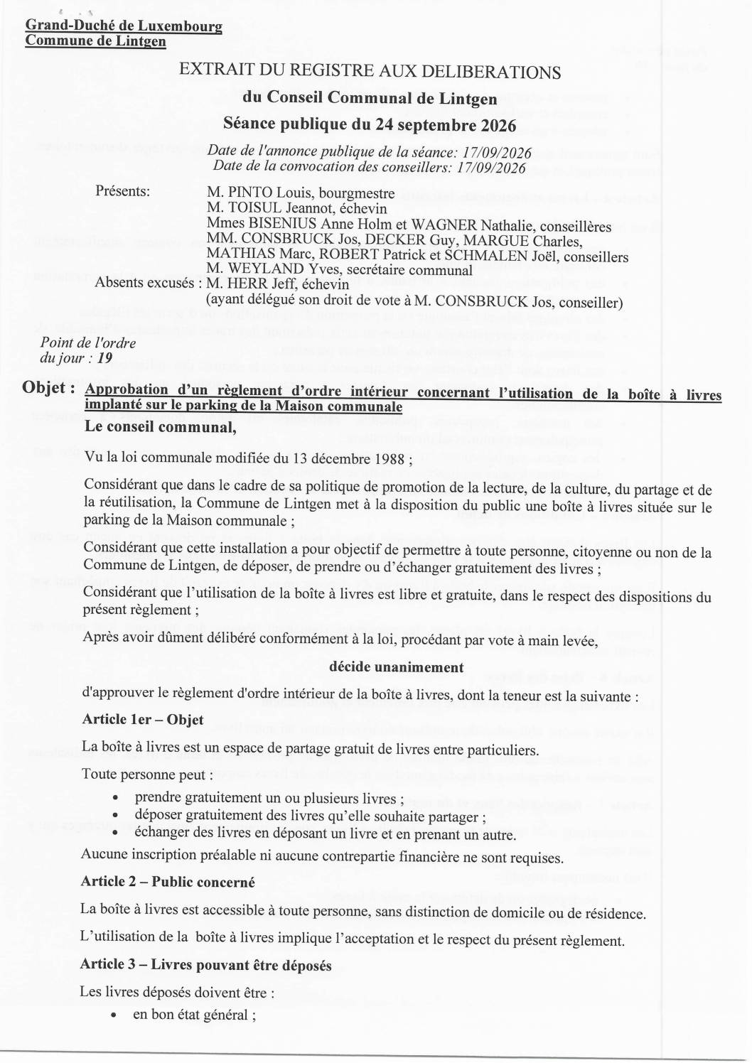 Règlement d'utilisation de la boîte à livres implanté sur le parking de la Maison communale